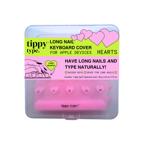 Pink keyboard cover for long nails with packaging featuring hearts and text.