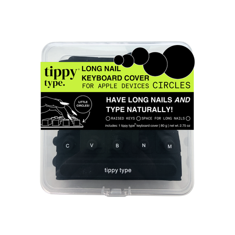 Tippy Type long nail keyboard cover packaging with clear lid showing black keyboard cover inside.